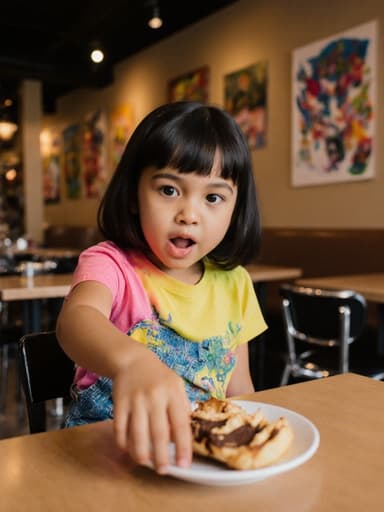밝은 색의 티셔츠와 청바지를 입은 7세 라틴계 소녀가 카페 테이블 위에 놓인 간식을 간절하게 바라보며 입을 살짝 벌리고 눈을 크게 뜬 모습이 따뜻하고 아늑한 카페 배경 속에서 표현되고 있습니다.