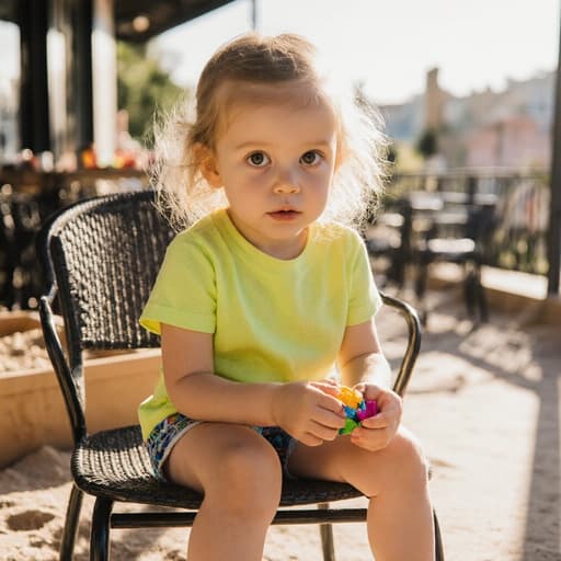 자연스러운 외모의 7세 유럽계 소녀가 카페 테라스에 앉아 모래놀이 용품을 들고 있는 모습이 반신샷으로 담겨 있습니다. 그녀는 밝은 색의 티셔츠와 반바지를 입고 있으며, 호기심 어린 표정으로 눈을 크게 뜨고 즐거운 분위기 속에서 놀고 있습니다.