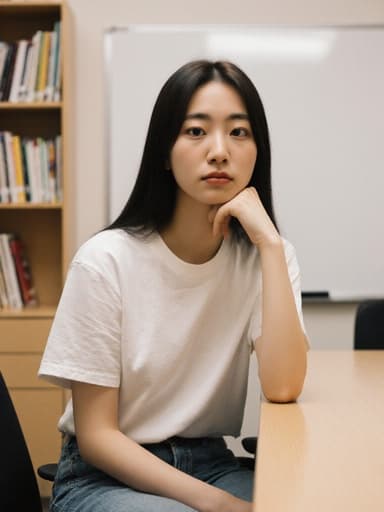 자연스러운 외모를 가진 10대 후반의 동양인 여성이 편안한 캐주얼 티셔츠와 청바지를 입고 조명이 부드러운 공부방의 회의실 테이블에 앉아 있습니다. 그녀는 피곤한 표정을 지으며 손으로 턱을 괴고 노트북 화면을 바라보고 있습니다. 배경에는 책장과 화이트보드가 있어 아늑한 공부 분위기를 자아냅니다.