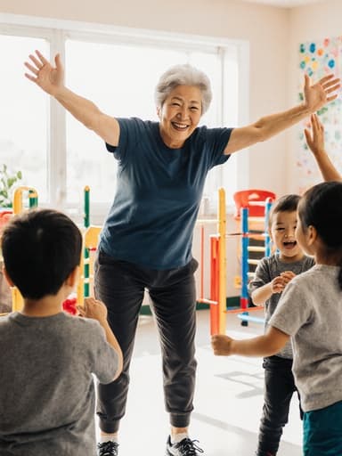 60대의 자연스러운 외모를 가진 동양인 여성이 편안한 운동복을 입고, 아이들과 함께 즐겁게 상호작용하며 밝은 유치원 교실에서 팔을 벌리고 행복하게 웃고 있는 반신 사진, 배경에는 놀이터가 보입니다.
