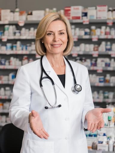 중년 백인 여성 약사가 약국 안에서 흰색 의사 가운과 청진기를 착용하고 고객에게 무표정으로 인사하며 전문적인 태도를 유지하고 있는 모습, 약품 진열대와 아늑한 상담 공간이 배경에 있습니다.