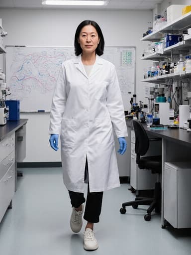 현대적인 연구실에서 실험 장비를 들고 빠르게 이동하는 40대 동양인 여성의 전신 사진. 실험실 가운과 편안한 운동화를 착용하고 있으며, 집중하는 무표정으로 다양한 과학 장비와 화이트보드가 배치된 공간 속에서 활동하고 있습니다.