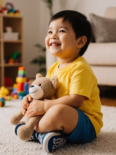 3세의 귀여운 외모를 가진 라틴계 남아가 밝은 색상의 티셔츠와 반바지를 입고, 아늑한 거실에서 인형을 품에 안고 행복하게 기다리는 모습의 반신 촬영. 주변에 흩어져 있는 장난감들이 따뜻하고 초대하는 분위기를 만들어냅니다.