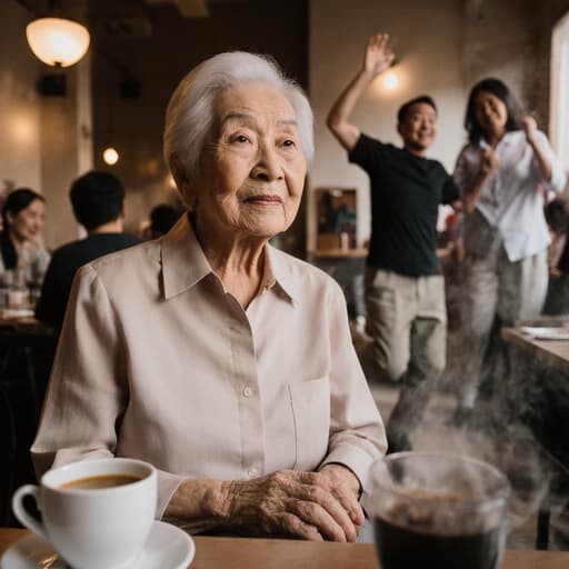 80대 동양인 여성의 반신 사진으로, 자연스러운 노화의 특징을 가진 모습입니다. 편안한 블라우스와 팬츠를 입고 있으며, 카페의 아늑한 내부에서 따뜻한 조명과 함께 테이블에 놓인 커피잔을 바라보며 무관심한 표정을 짓고 있습니다. 가족과 함께 점프하는 듯한 모습으로, 즐거운 분위기를 연출하고 있습니다.