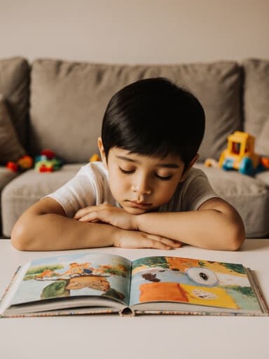 졸린 표정을 짓고 있는 귀여운 3세 라틴계 남자아이의 반신 사진으로, 테이블에 기대어 놓인 책을 바라보고 있습니다. 편안한 티셔츠와 반바지를 입고 있으며, 아늑한 거실 배경에 소파와 장난감이 놓여 있어 따뜻하고 초대하는 분위기를 연출하고 있습니다.