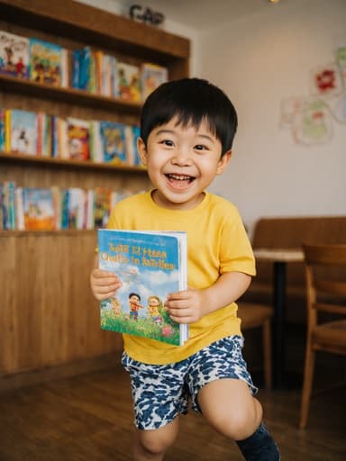 밝은 색상의 티셔츠와 반바지를 입은 3세 아시아계 남자아이가 그림책을 들고 행복하게 점프하는 모습이 담긴 장면입니다. 아동 도서로 가득한 아늑한 카페 내부에서 순수한 기쁨과 상상력의 순간을 보여줍니다.