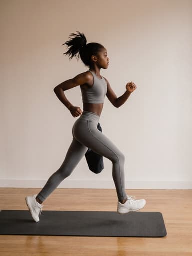 10대 초반의 흑인 소녀가 편안한 요가복을 입고 요가 매트를 향해 달려가며 집중한 표정을 짓고 있는 전신 사진으로, 현대적인 요가실 배경이 어우러져 있습니다.