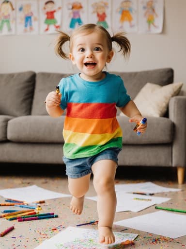 아늑한 거실에서 즐겁게 달리고 있는 3세 백인 여성의 전신 샷, 컬러풀한 티셔츠와 반바지를 입고 두 개의 포니테일로 묶인 머리를 하고 있습니다. 그녀는 호기심 어린 미소로 그림 그리기 도구를 들고 있으며, 벽에는 아이의 그림이 붙어 있고 바닥에는 색연필과 예술 용품이 흩어져 있습니다.