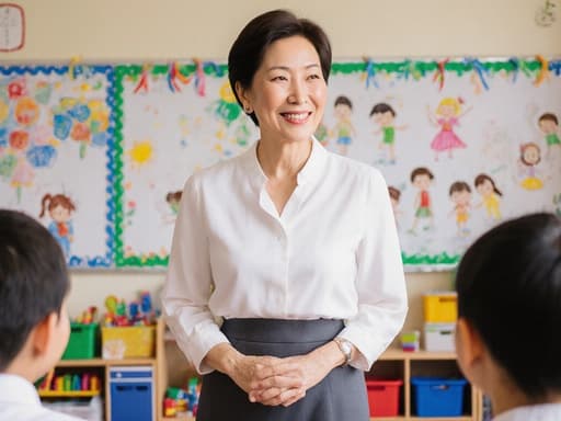50대 아시아계 여성의 반신 촬영, 편안한 블라우스와 스커트를 입고 아기자기한 유치원 환경에서 아이들을 향해 우아하게 미소 짓고 있는 모습.