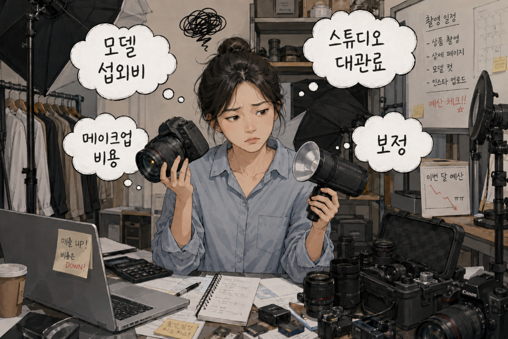 의류 상세페이지 제작 과정에서 스튜디오 촬영의 어려움을 표현한 이미지